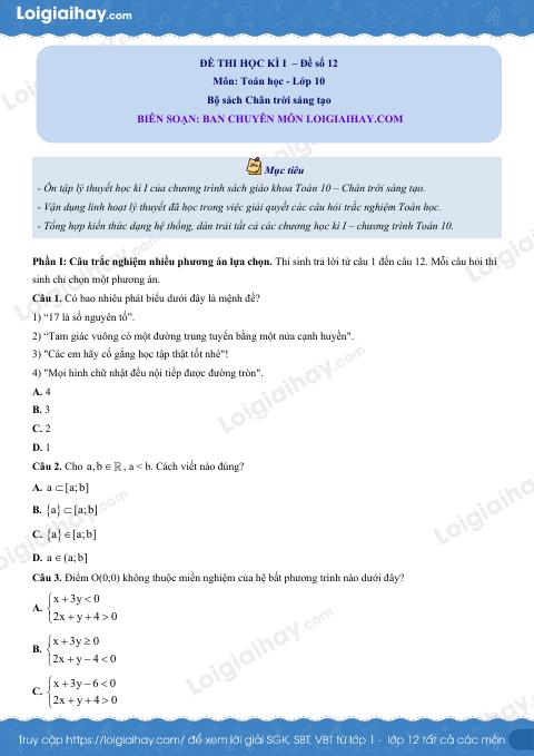 Đề thi học kì 1 Toán 10 Chân trời sáng tạo - Đề số 12